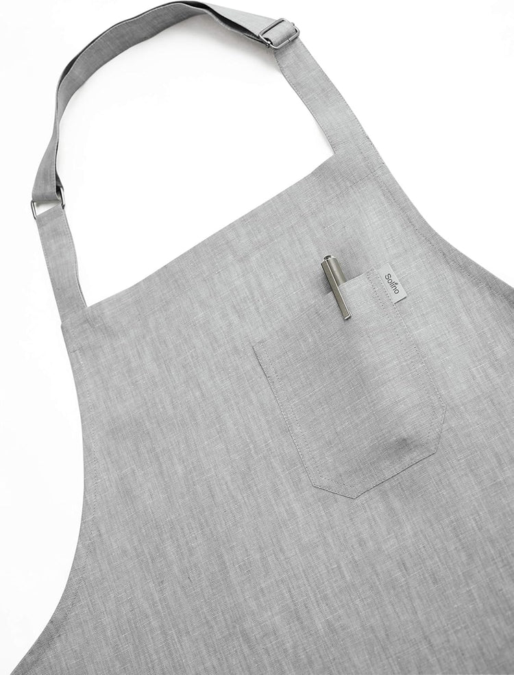 Solino Home Linen Bib Apron for Men & Women - 100% Pure Linen Light Grey Kitchen Apron with Front Pockets - Handcrafted from European Flax