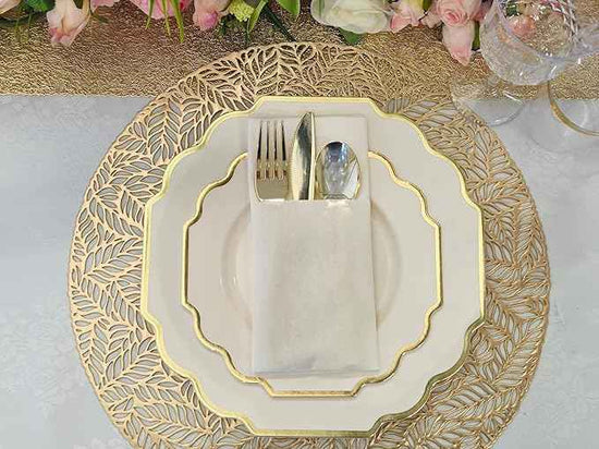 " OCCASIONS " 640 Piece set (80 Guests)-Heavyweight Wedding Party Disposable Plastic Plate Set - 80 x 10.5'' + 80 x 8'' + Silverware + Cups + Napkins (Imperial Ivory & Gold)