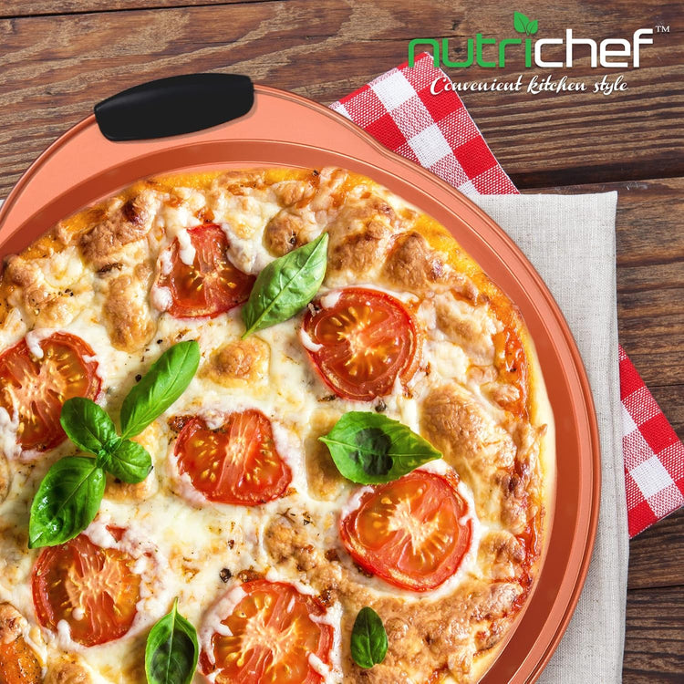 NutriChef 13-Inch Nonstick Pizza Tray - Round Carbon Steel Non-Stick Pizza Baking Pan with Perforated Holes, Premium Bakeware Pizza Screen with Silicone Grip Handles, Dishwasher Safe - Copper