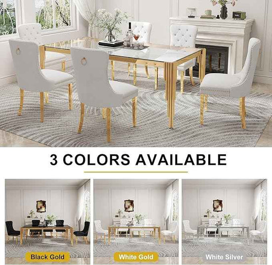 78'' Modern Glass Dining Table for 6-8 People,Tempered Glass Top Dining Room Table with Stainless Steel Base, Glass and Gold Dining Table for 6, Rectangle Dining Kitchen Table for Dinner