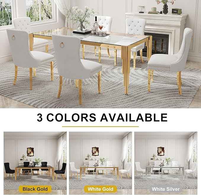 78'' Modern Glass Dining Table for 6-8 People,Tempered Glass Top Dining Room Table with Stainless Steel Base, Glass and Gold Dining Table for 6, Rectangle Dining Kitchen Table for Dinner