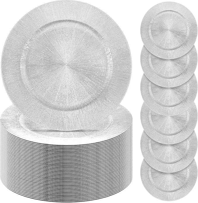 Tanlade 100 Pcs Silver Charger Plates Bulk, 13" Round Plastic Dinner Charger Plate, Shiny Silver Table Chargers Serving Plate Catering Tabletop for Thanksgiving Halloween Christmas Wedding Party Decor