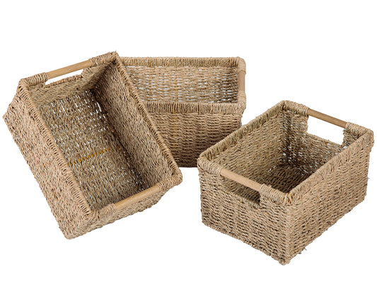 Natural Seagrass Basket with Wooden Handle (3 Count)