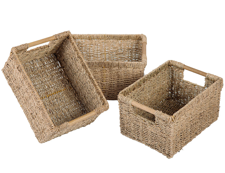 Natural Seagrass Basket with Wooden Handle (3 Count)