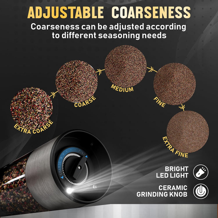 Pure Nature Electric Rechargeable Salt and Pepper Grinder Set with tray: Premium quality with upgraded larger capacity and LED Lights, 5 Adjustable Coarseness, Refillable, Type-C Fast Charging.