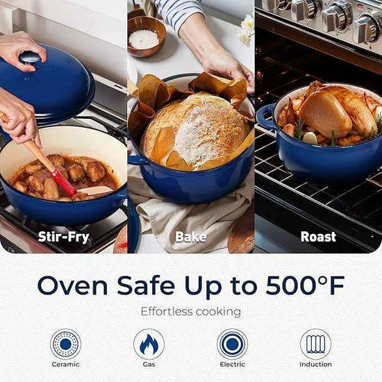 Kitchen Academy 7Pcs Enameled Cast Iron Cookware Sets - Non Toxic Pots and Pans Set, Blue Induction Dutch Oven Set, PFOA&PFAS Free