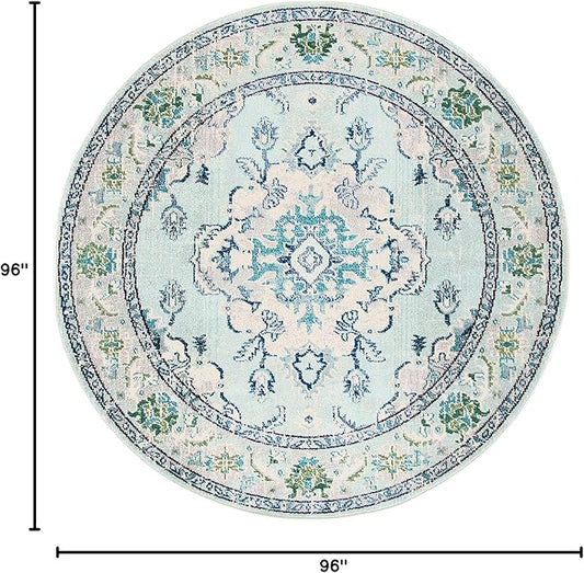 SAFAVIEH Monaco Collection Area Rug - 8' Round, Light Blue & Ivory, Non-Shedding & Easy Care, Ideal for High Traffic Areas in Living Room, Foyer, Bedroom (MNC243K-8R)