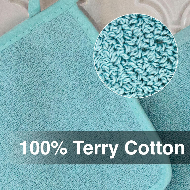 RITZ Terry Potholder & Hot Pad: Unparalleled Heat Resistant, Durable 100% Cotton – Ergonomically Designed for Optimal Grip – Easy-Care Machine Washable – 4-Pack, Dew