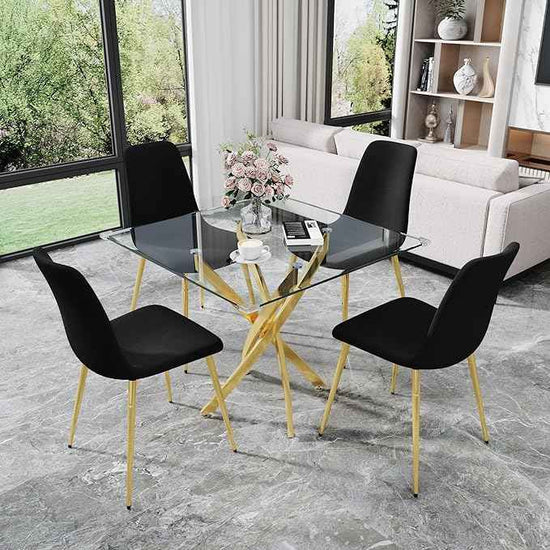 AF ARTISAN FURNITURE 36" Square Glass Dining Table Set for 4, 5-Piece Modern Kitchen Table with 4 Black Velvet Chairs, Modern Circle Leisure Table for Home Office Dining Room Small Spaces (Gold Leg)