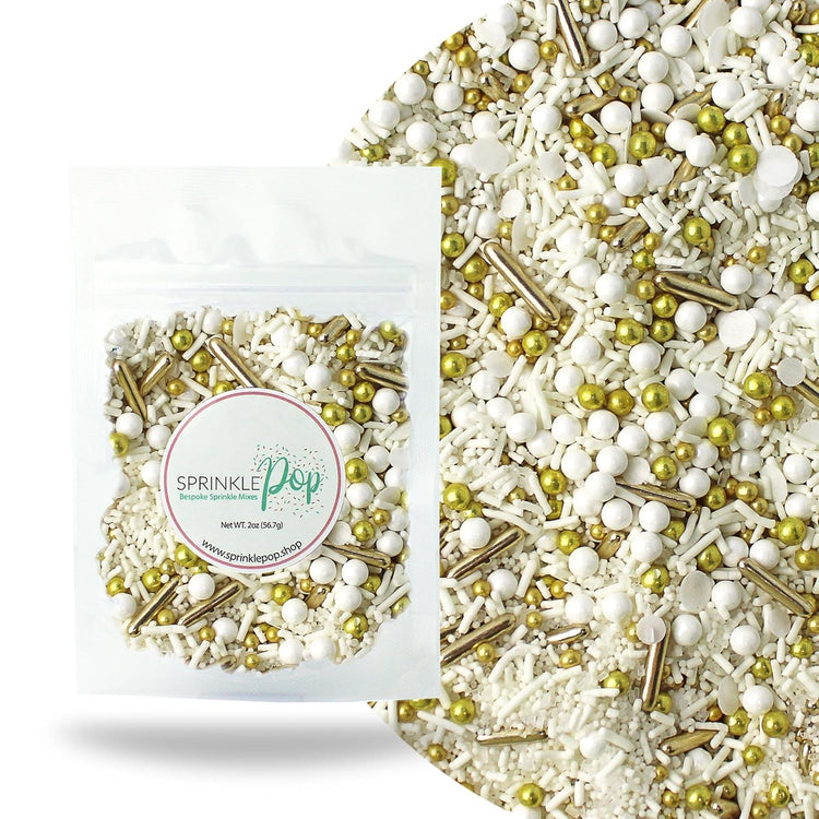 Wedding White Sprinkle Mix| Made In USA By Sprinkle Pop| Pastel White Sprinkles With Gold Metallics Dragees| Sprinkles For Decorating Bridal Shower Wedding Anniversary Party Cupcakes Cake Cookies, 2oz