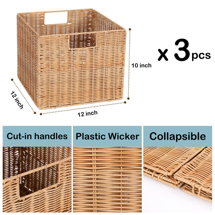 12X12X10in Plastic Wicker Storage Basket (3 Count)