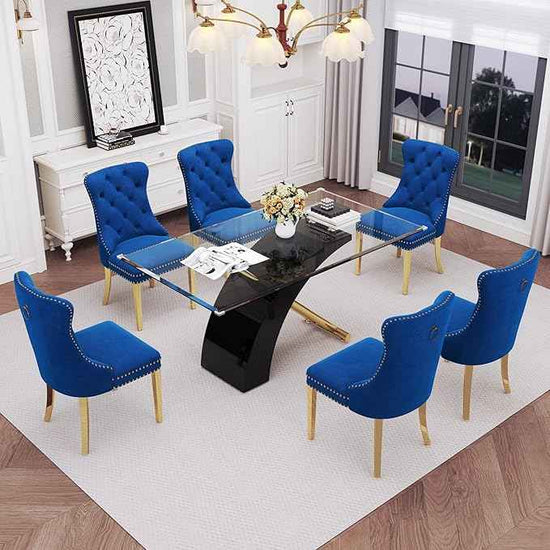 7 Piece Glass Dining Table Set for 6, 63" Modern Kitchen Table with 6 Blue Velvet Chairs, Tempered Glass Tabletop with Black X-Shaped MDF Base, Modern Dining Room Set for Kitchen and Dining Room