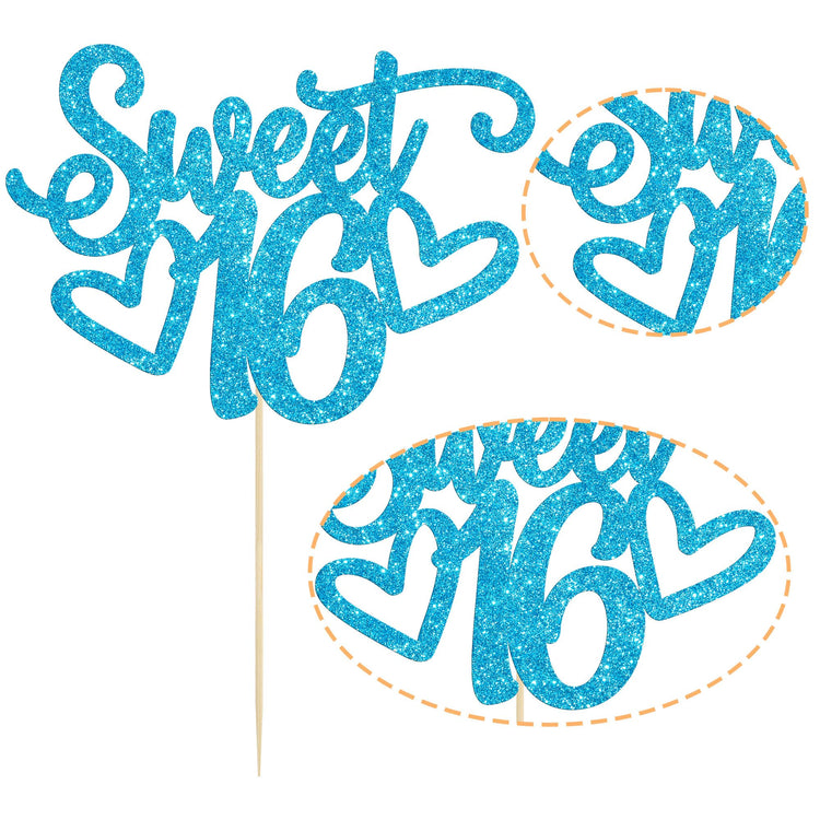 1Pc Sweet Teenager 16 Cake Topper Glitter 16th Birthday Cake Pick for Cheers to 16 Years Old 16th Birthday Party Cake Decorations Supplies Light Blue