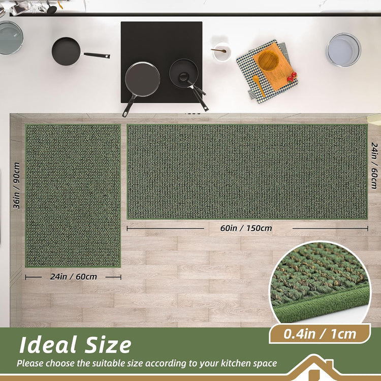 BEQHAUSE Kitchen Rugs and Mats 2PCS, Non-Slip Kitchen Mats for Floor, Absorbent and Stain Resistant Kitchen Runner, Machine Washable Rugs for Kitchen, Laundry & Sink, 24"x36"+24"x60", Green