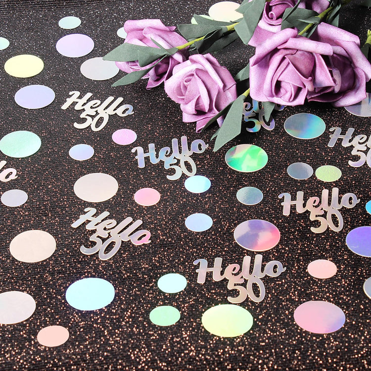 Hello 50 Birthday Confetti for Table Iridescent Circle Happy 50th Birthday Party Decorations for Women Fifty Years Old Birthday Tables Scatter Party Confetti Wedding Anniversary Decor 300PC (230 Count)