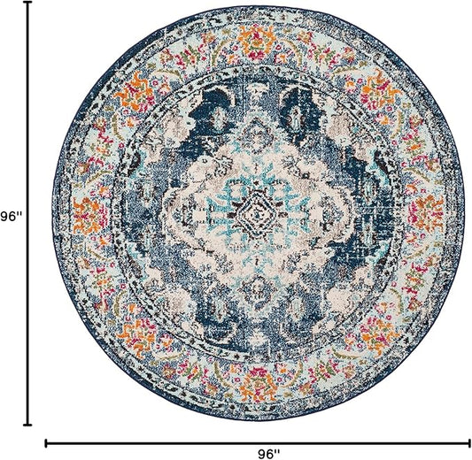 SAFAVIEH Monaco Collection Area Rug - 8' Round, Navy & Light Blue, Non-Shedding & Easy to Clean, Distressed Medallion Design, Ideal for Living Room, Bedroom, Dining Space (MNC243N)