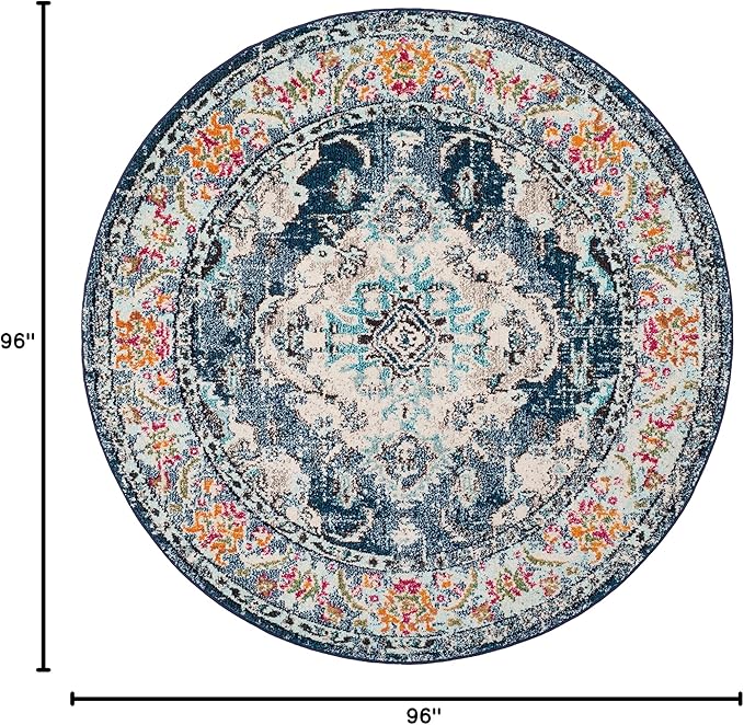 SAFAVIEH Monaco Collection Area Rug - 8' Round, Navy & Light Blue, Non-Shedding & Easy to Clean, Distressed Medallion Design, Ideal for Living Room, Bedroom, Dining Space (MNC243N)