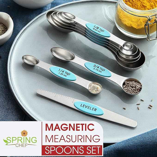 Spring Chef Stainless Steel Magnetic Measuring Spoons Set of 8 with Leveler, Nesting Metal Teaspoon & Tablespoon Measuring Spoons, Fits in Spice Jars, Kitchen Gadgets for Baking & Cooking - Aqua Sky