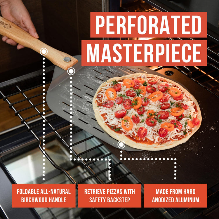 Perforated Aluminum Pizza Peel 12x14 in Foldable Wood Handle