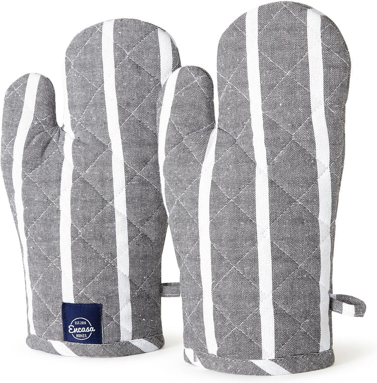 Encasa XO Long 12"x7" Oven Microwave Hand Gloves Mitts (2 pc Set) for Kitchen Cooking & Baking - Heat Resistant, Thick & Safe, Protection of Hands from Hot Utensils - Roma Grey Stripes