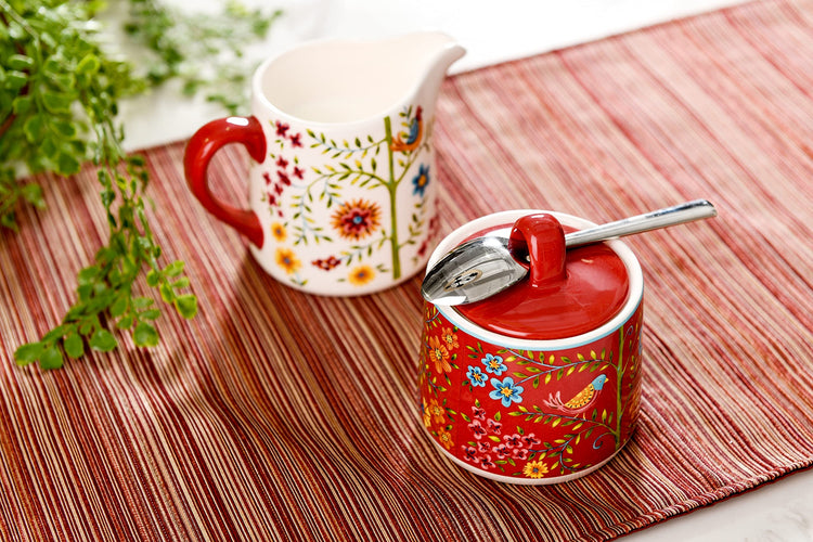 Red Spring Bird Ceramic Sugar and Creamer Set