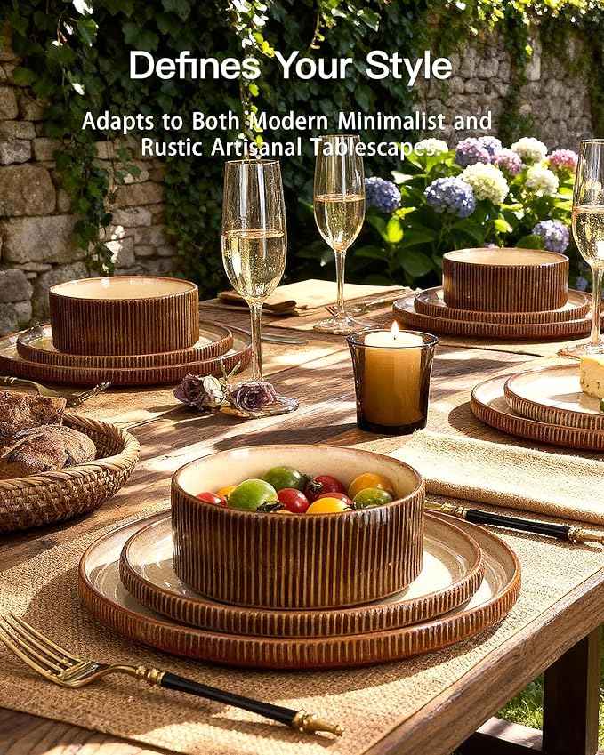 Stoneware Dinnerware Sets, Handcrafted Double Reactive Glaze Plates and Bowls for Everyday & Formal Dining, Microwave & Dishwasher Safe, Scratch Resistant Dishes Service for 4 (12-Piece), Cream Cocoa