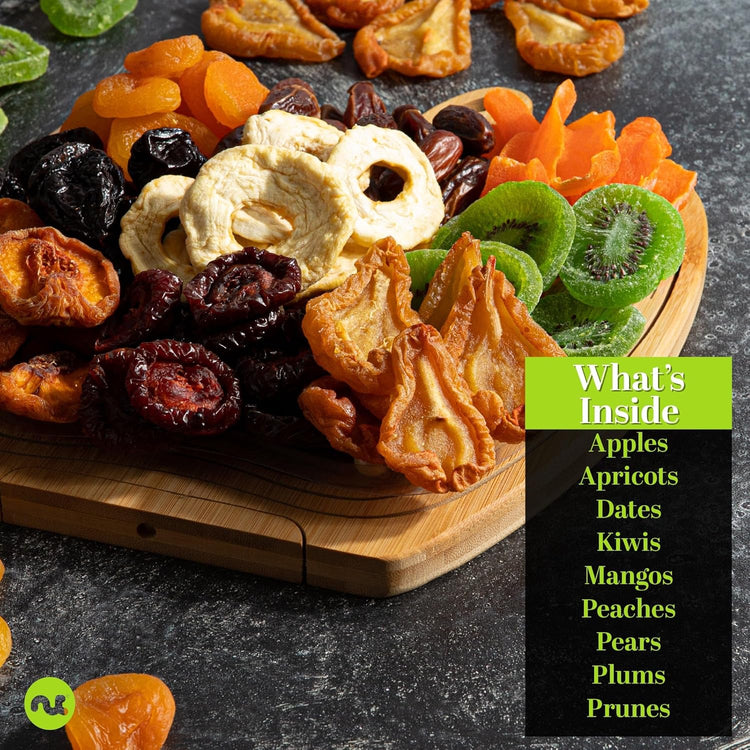 NUT CRAVINGS - Rosh Hashana & Shana Tova Dried Fruit Flower Arrangement in Wooden Apple-Shaped Gift Basket + Tray (9 Assortment) Healthy Snack Care Package, Food Assortments