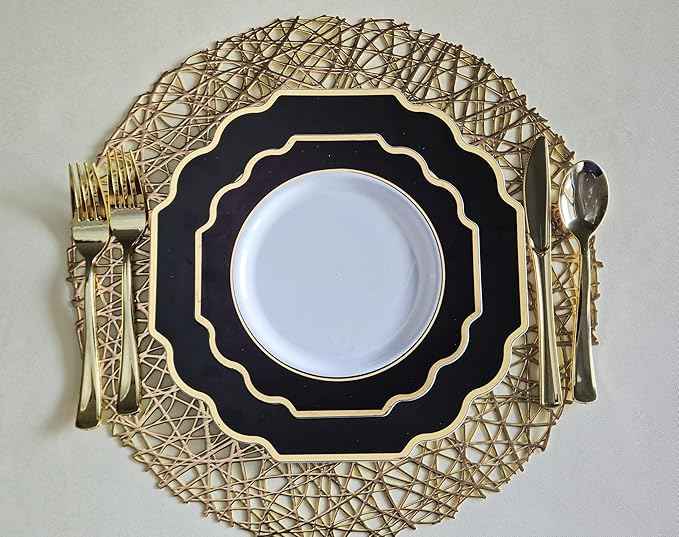 " OCCASIONS " 960 Piece set (120 Guests)-Heavyweight Wedding Party Disposable Plastic Plate Set - 120 x 10.5'' + 120 x 8'' + Silverware + Cups + Napkins (Imperial in White & Black & Gold)