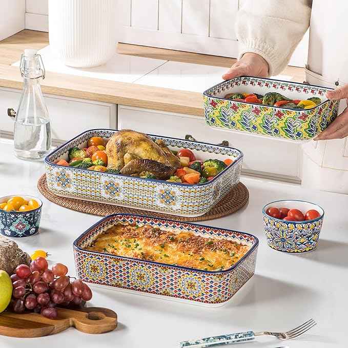 Casserole Dishes for Oven, Ceramic Baking Dishes Set of 3, Rectangular Lasagna Pans, Ceramic Bakeware Set for Baking, Roasting and Serving - Boho Style