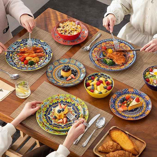 vancasso 18 Pieces Plates and Bowls Set, Bohemian Style Dinnerware Sets Service for 6, Porcelain Boho Dishes Set for Kitchen, Housewaring Gift, Dishwasher and Microwave Safe, Series KRVI