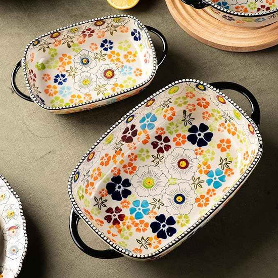 Retro pastoral style Ceramic Baking Dish Rectangular Bakeware Set Baking Pan, 2-piece Hand-painted Porcelain Baking pan with handle, Casserole Dish for Oven/Cooking/Kitchen (Green Traces)