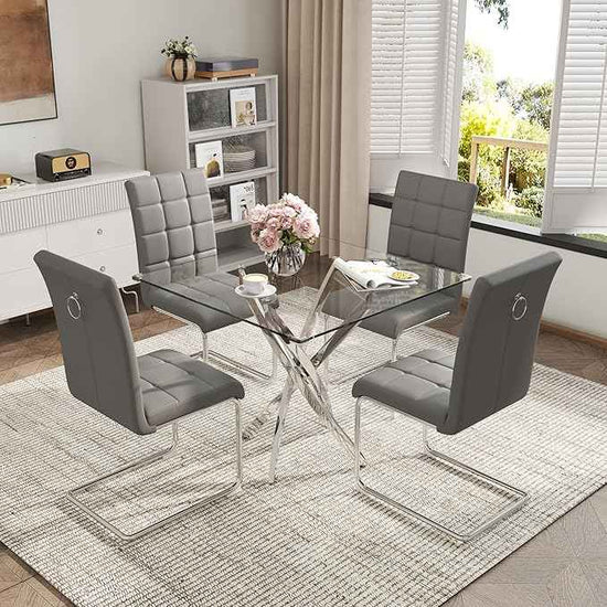 AF ARTISAN FURNITURE 5 Piece Square Glass Dining Table Set, Silver Glass Kitchen Table Set for 4 Modern Table Set with 4 Grey PU Upholstered Dining Chairs, for Small Space, Breakfast Nook