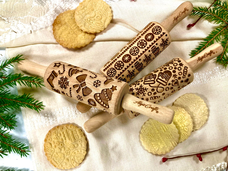 CHRISTMAS FUN 3 Kid Rolling Pin Set. Wooden Laser Cut Embossing Cut Mini Rolling Pins for Embossed Cookies. Gift for Kid