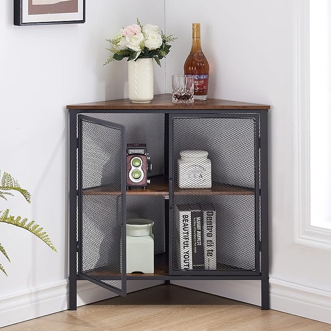 VECELO Corner Cabinet with Two Doors and Shelves, Free-Standing Storage Organizer for Small Space in Living Room/Bedroom/Kitchen, Brown and Black