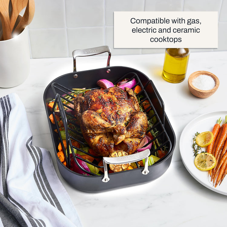 Essentials Hard Anodized Nonstick Roaster with Rack 11x14 Inch Oven Broiler Safe 500F Roaster Pan