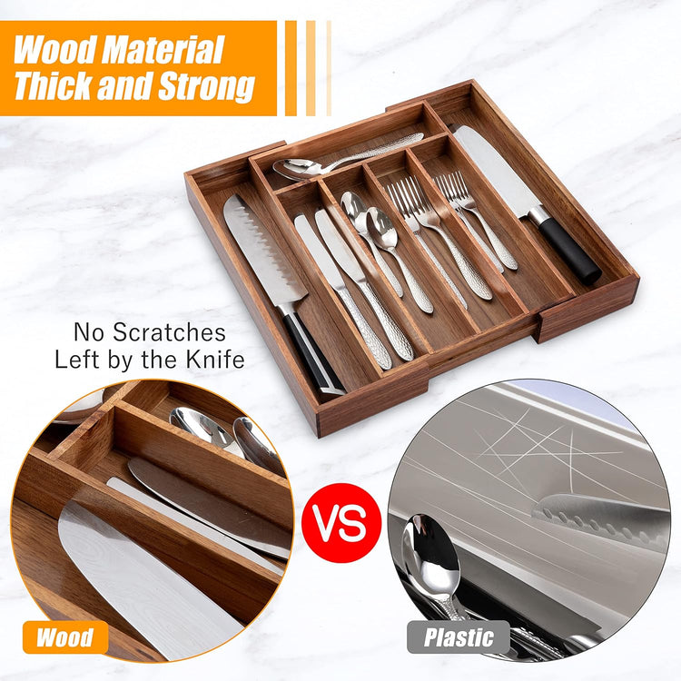 Bellsal Acacia Silverware Organizer Kitchen Drawer Organizer Expandable Bamboo Utensil Holder Cutlery Tray for Kitchen Utensil and Flatware Bedroom Office
