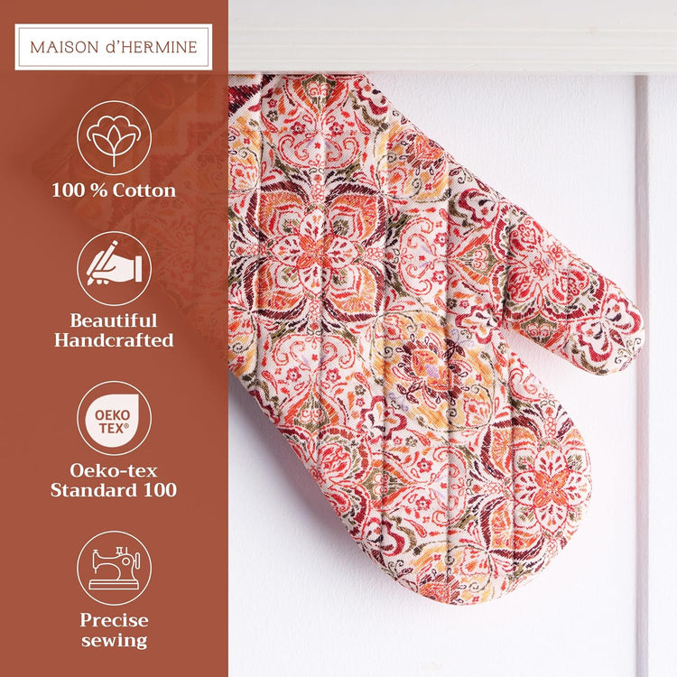 Maison d' Hermine Oven Gloves 100% Cotton Oven Mitt 7" x 13" with Loop Heat Resistant, BBQ, Cooking Gloves, Baking, Grilling, Kitchen, Handling Hot Pans (Pack of 1, Damask)