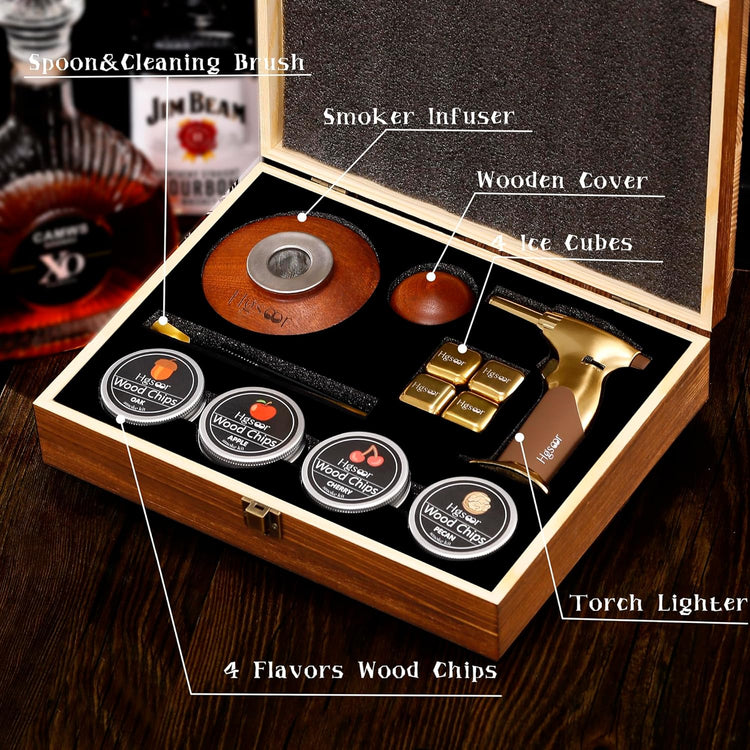 Whiskey Smoker Kit - Old Fashioned Drink Smoker Kit - Cocktail Smoker Kit with Torch, 4 Flavors Wood Chips, 4Ice Cubes, Bourbon Smoker Kit, Bourbon Whiskey Gifts for Men,Dad (No Butane)