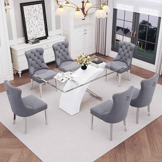 7 Piece Glass Dining Table Set for 6, 63" Modern Kitchen Table with 6 Grey Velvet Chairs, Tempered Glass Tabletop with White X-Shaped MDF Base, Modern Dining Room Set for Kitchen and Dining Room