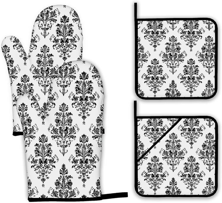 Vintage Damask Floral Oven Mitts and Pot Holders,Heat Resistant Oven Mitts Gloves and Pot Holder for Home Kitchen Decorations Cooking Baking BBQ Gifts,Set of 4