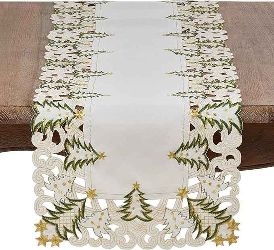 Fennco Styles Pandoro Collection Holiday Embroidered Christmas Tree Cutwork Border 16 x 90 Inch Table Runner – Ivory Table Cover for Christmas Dinner, Family Gathering, Special Events