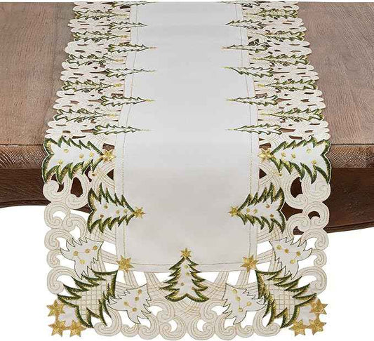 Fennco Styles Pandoro Collection Holiday Embroidered Christmas Tree Cutwork Border 16 x 108 Inch Table Runner – Ivory Table Runner for Christmas Dinner, Family Gathering, Special Events and Home Décor