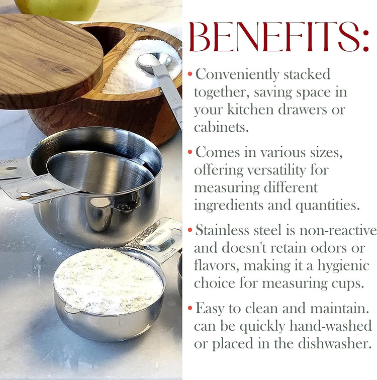 Bellemain One Piece Stainless Steel - Nesting measuring cups for Kitchen for Bakers, Dry - Ml & Oz measuring cup for Liquid, Metal, Set of 6