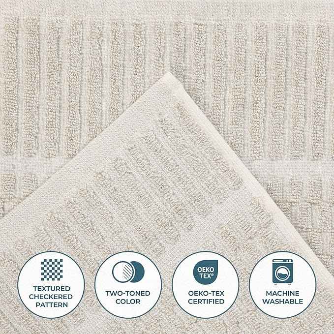 Superior Juno Viscose Cotton Blend Medium Weight Towels, for Bathroom, Shower, Spa, Plush, Quick Dry, Ultra-Soft Towels, Bath Essentials, Border Detail, 12 Piece Assorted Towel Set, Beige