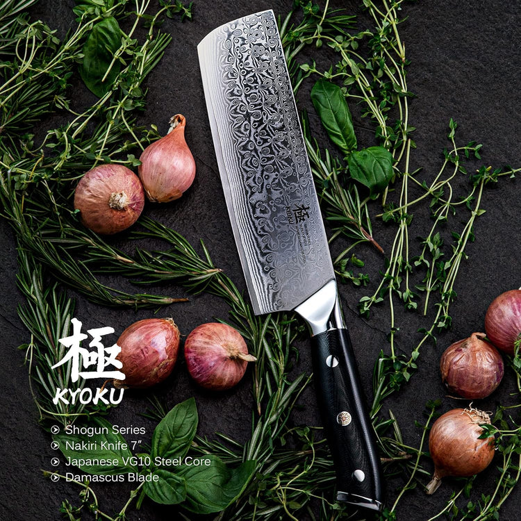 KYOKU Nakiri Knife - 7" - Shogun Series - Japanese VG10 Steel Core Damascus Blade - with Sheath & Case