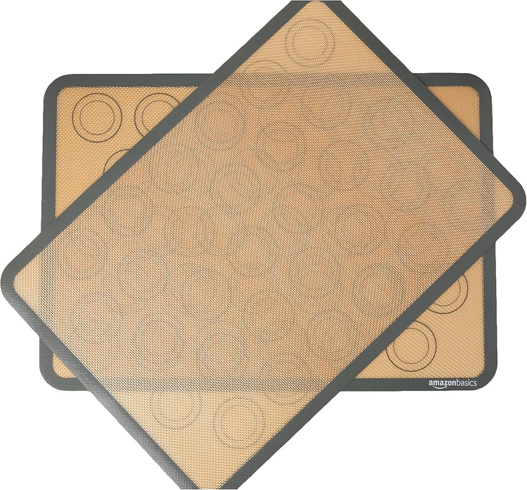 Amazon Basics Silicone Baking Mat for Macarons, Non-Stick, Food Safe, 16.5" x 11.6", Beige/Gray, Pack of 2