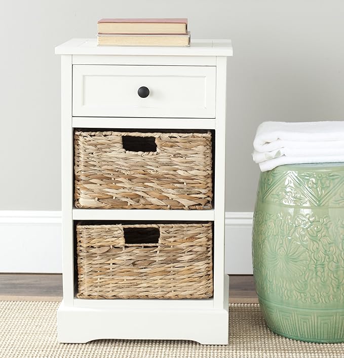 SAFAVIEH Home Collection Carrie Distressed Cream/ Natural Wicker 3-Drawer Storage Nightstand Side Table (Fully Assembled)