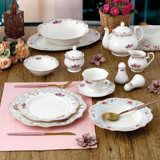 Joseph Sedgh Collection "Romantic Bloom" 57-Piece Bone China Dinnerware Set, Service for 8, Floral with Blue and Gold Trim