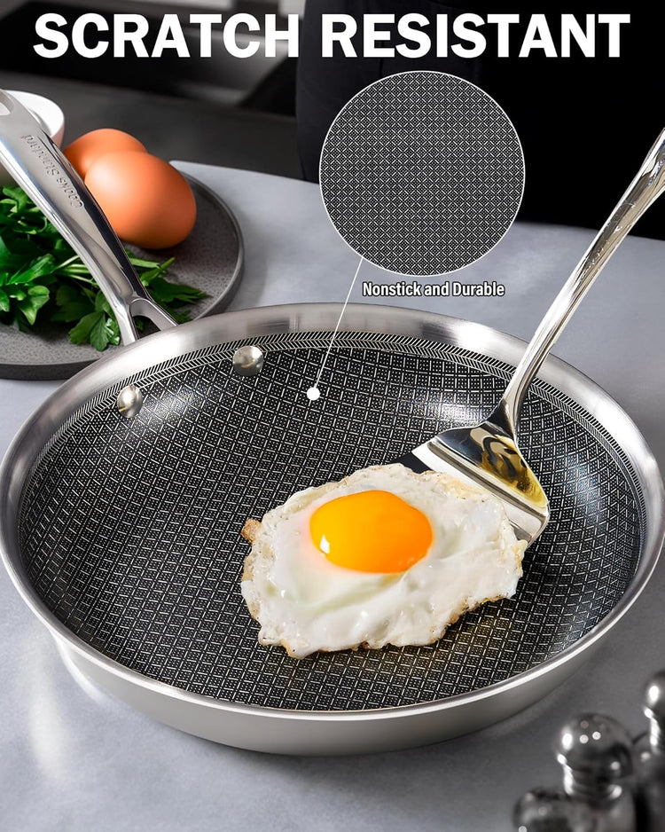 Cooks Standard Hybrid Nonstick Frying Pan, 8-Inch Skillet, Multi-Ply Clad Stainless Steel Fry Pan with Tempered Glass Lids, Oven Safe, Compatible with All Stovetops