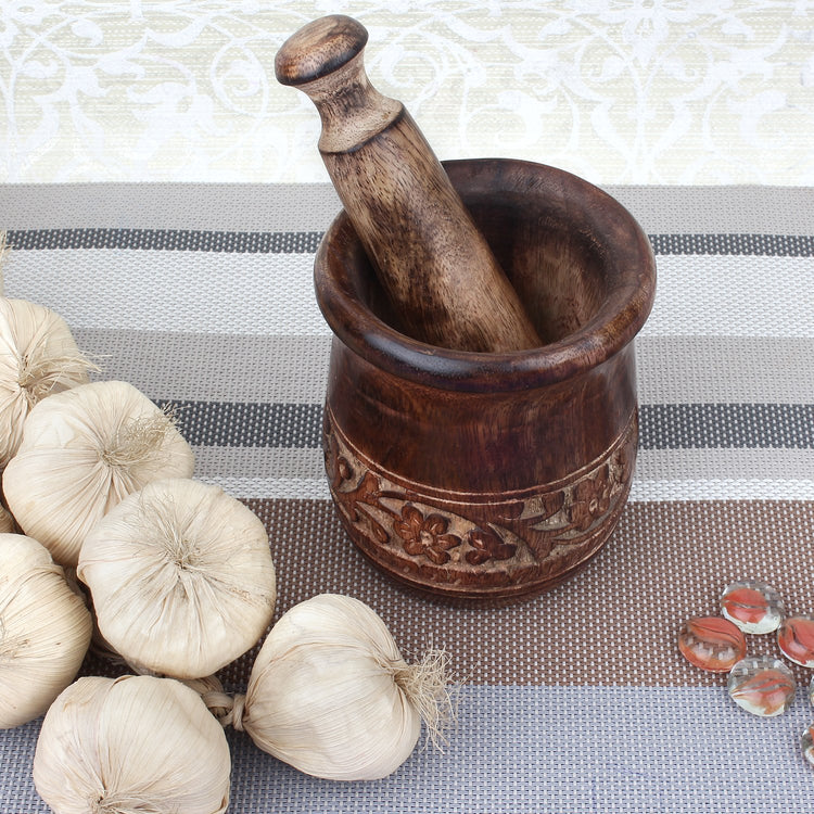 Wooden Carved Mortar and Pestle